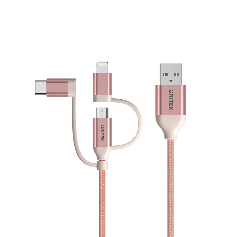 3-in-1 USB 2.0-마이크로 USB 멀티 충전 케이블 및 USB-C/라이트닝 어댑터(로즈 골드)