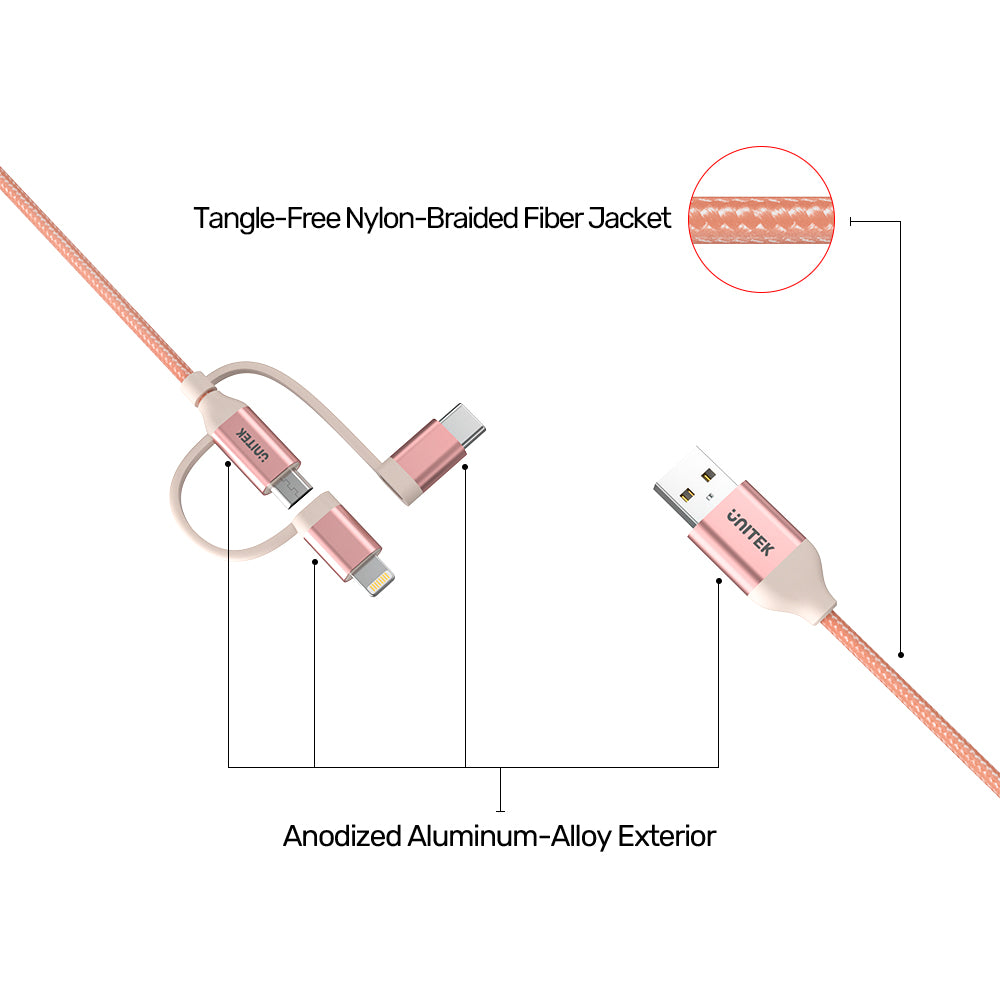 3-in-1 USB 2.0 to Micro USB Multi Charging Cable with USB-C/ Lightning Adapter in Rose Gold